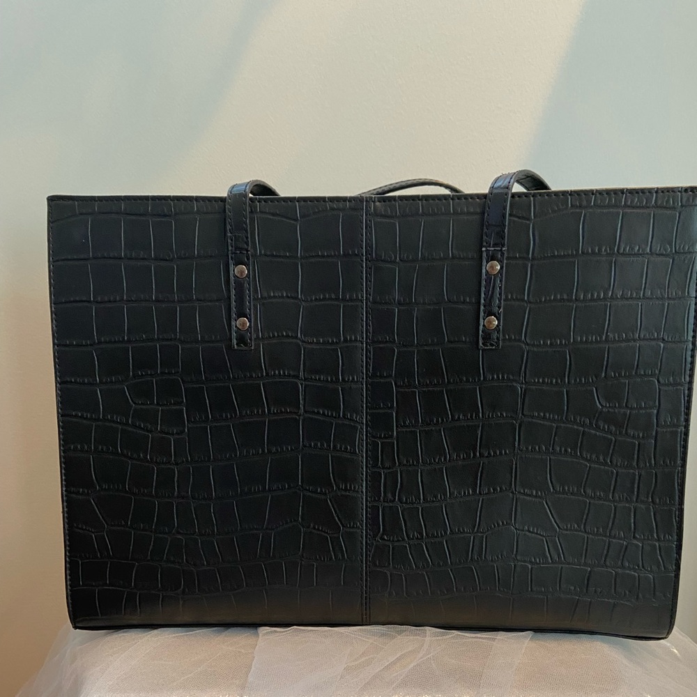 Wilsons Leather Black Croc-Embossed Laptop Tote with Top Handles